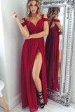 Dark Red Chiffon A-Line Straps Backless Floor-Length Prom Dress with Side Slit PL276