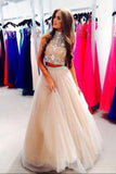 Two Pieces Halter Prom Dresses Floor Length A-line Prom Dresses PL277