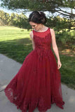 Burgundy Lace A-Line Formal Dresses,Sweep Train Long Prom Dresses PL281