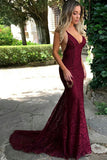 Red Lace Spaghetti Straps Mermaid Long Prom Dresses,Evening Dress PL284