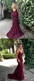 Red Lace Spaghetti Straps Mermaid Long Prom Dresses,Evening Dress at promnova.com