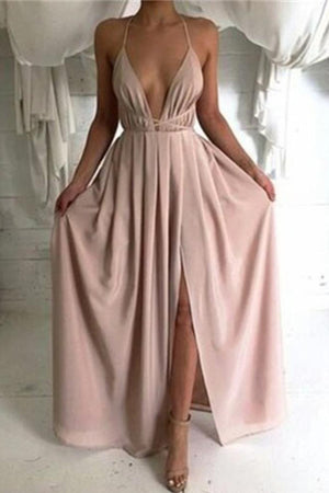 Long Backless Sleeveless Simple Chiffon Halter Cheap Prom Dresses PL288