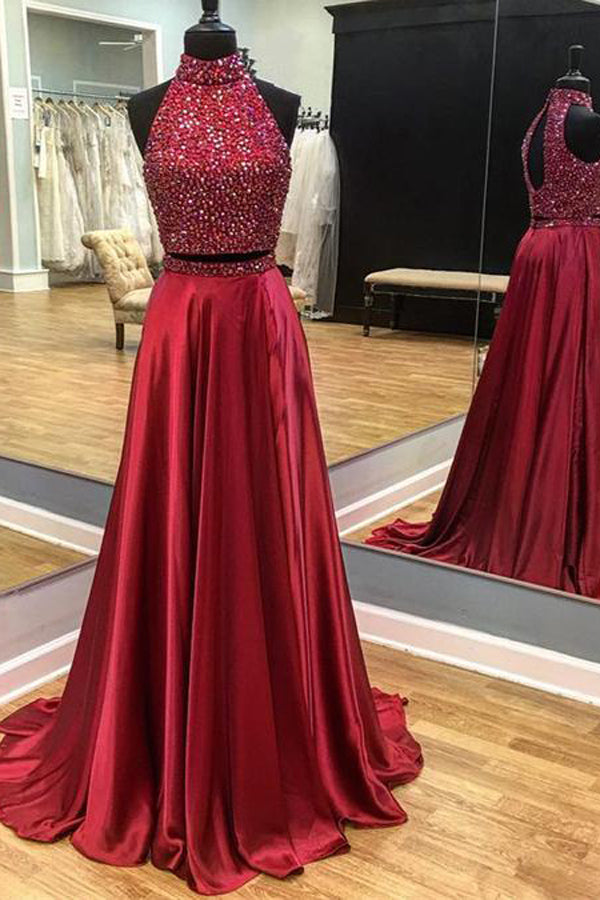 Dark Red Halter Open Back Beaded Long Prom Dresses PL289