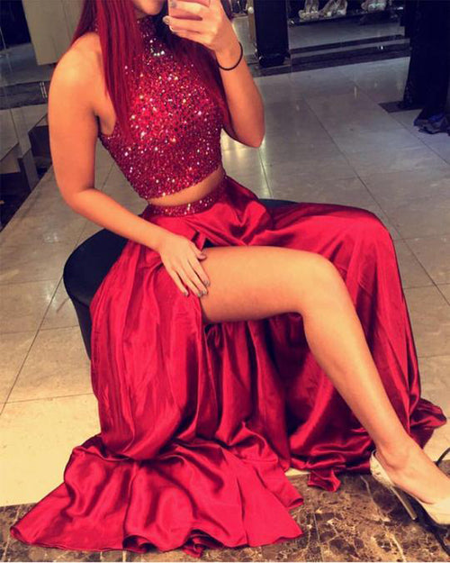Dark Red Halter Open Back Beaded Long Prom Dresses Promnova