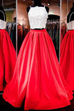 Red Two Piece Spaghetti Straps A Line Satin Long Prom Dress PL294
