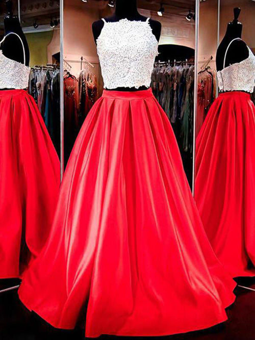 Red Two Piece Spaghetti Straps A Line Satin Long Prom Dress at promnova.com