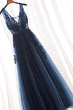 Tulle A-Line V-Neck Floor Length Long Prom Dress With Appliques PL295