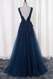 Tulle A-Line V-Neck Floor Length Long Prom Dress With Appliques at promnova.com