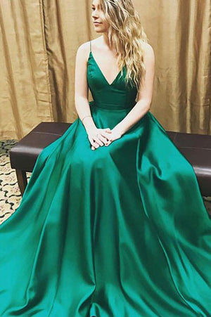  Green Simple A-Line V-Neck Simple Long Prom Dresses,Evening Dress PL297