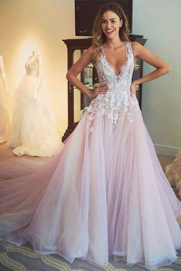 Romantic A-Line Long Prom Dress Evening Dress With Appliques PL298