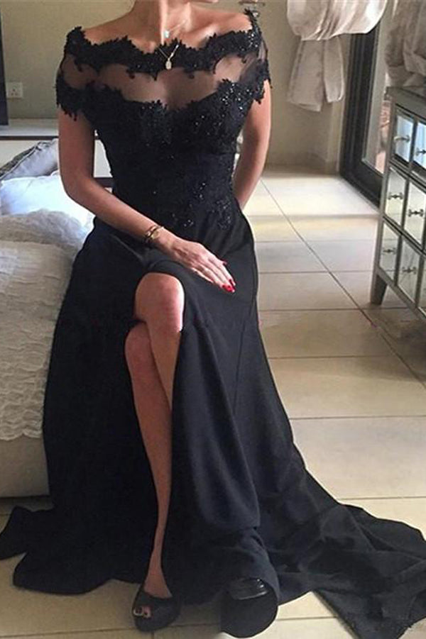 Black Lace Off-The-Shoulder Scoop Long Prom Dress Evening Dress PL300