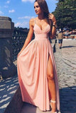 Pink V Neck Spaghetti Strap Long Prom Dress, Cheap Formal Dress PL301
