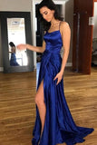 Gorgeous Blue A-Line Satin Backless Split Long Prom Dress with Sweep Train PL303