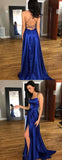 Gorgeous Blue A-Line Satin Backless Split Long Prom Dress with Sweep Train at promnova.com