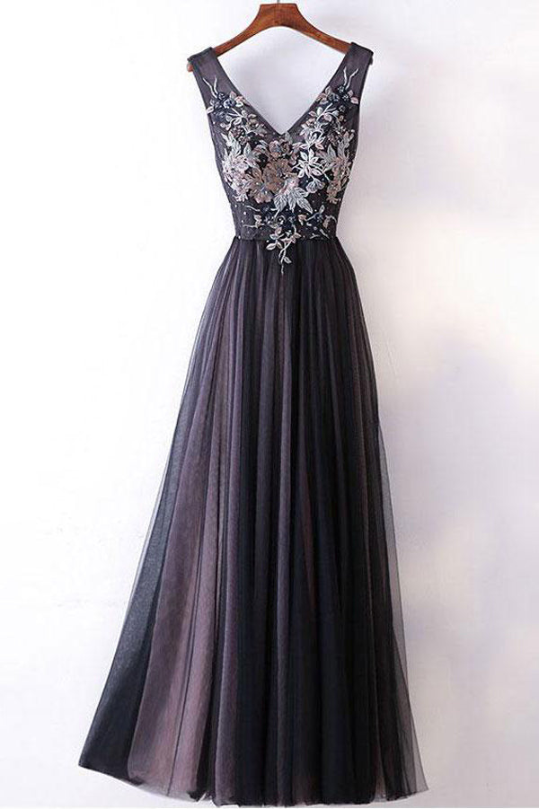 A-line  Lace V-neck Appliqued Long Prom Dresses Evening Gowns PL304