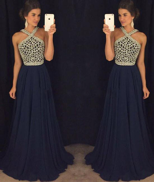 promnova.com|Dark Blue Long Prom Dress For Teens With Beading, Cheap Formal Dress PL309