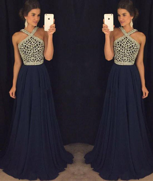 Dark Blue Long Prom Dress For Teens With Beading, Cheap Formal Dress – Promnova