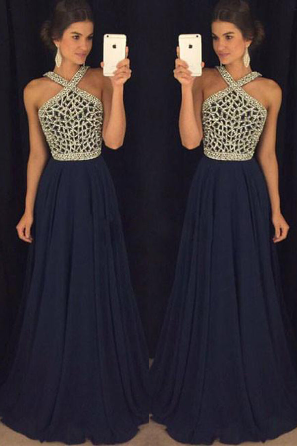 Dark Blue Long Prom Dress For Teens With Beading, Cheap Formal Dress – Promnova