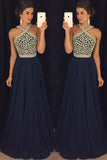 Dark Blue Long Prom Dress For Teens With Beading, Cheap Formal Dress PL309