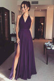 Chiffon Purple Simple V Neck Long Prom Dress With Side, Evening Dress PL311