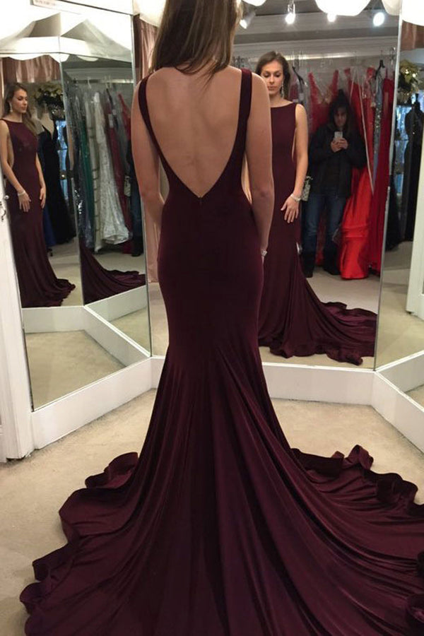 Elegant Burgundy Backless Scoop Sweep Train Prom Dress Evening Gown US2 / As Picture Elegant Burgundy Backless Scoop Sweep Train Prom Dress Evening Gown US2 / As Picture
