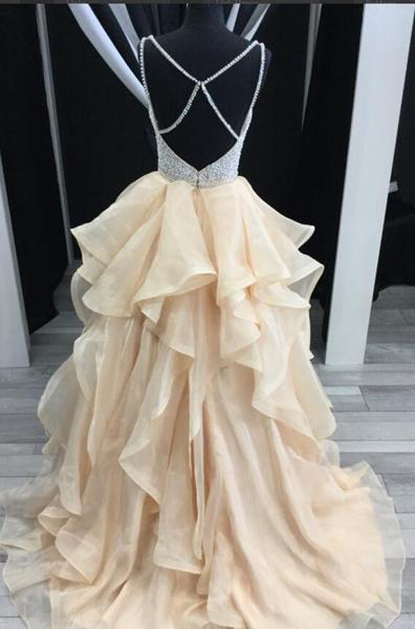 Sparkly Pretty Tulle V-neck Long Prom Dresses, The Newest Evening dress|promnova.com