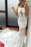 Scoop Neck Lace Trumpet Mermaid Sweep Train Prom Dresses with Appliques PL314