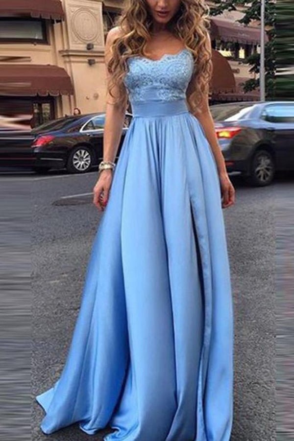 Simple A-line Blue Lace Bodice Sweetheart Prom Dresses Evening Dress – Promnova