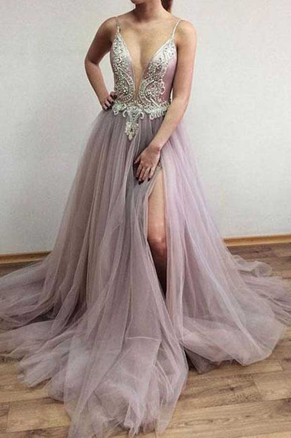 Charming Tulle A-line V-neck Side Split Affordable Long Prom Dress –  Promnova