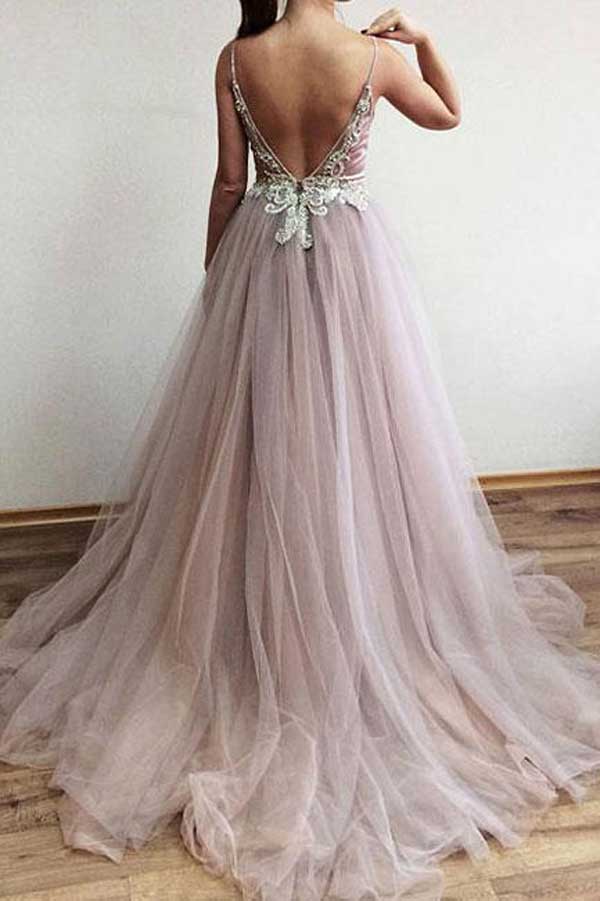 Charming Tulle A-line V-neck Side Split Affordable Long Prom Dress|promnova.com