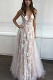 Simple Tulle Lace V Neck Long Prom Dress Lace Evening Dress PL319