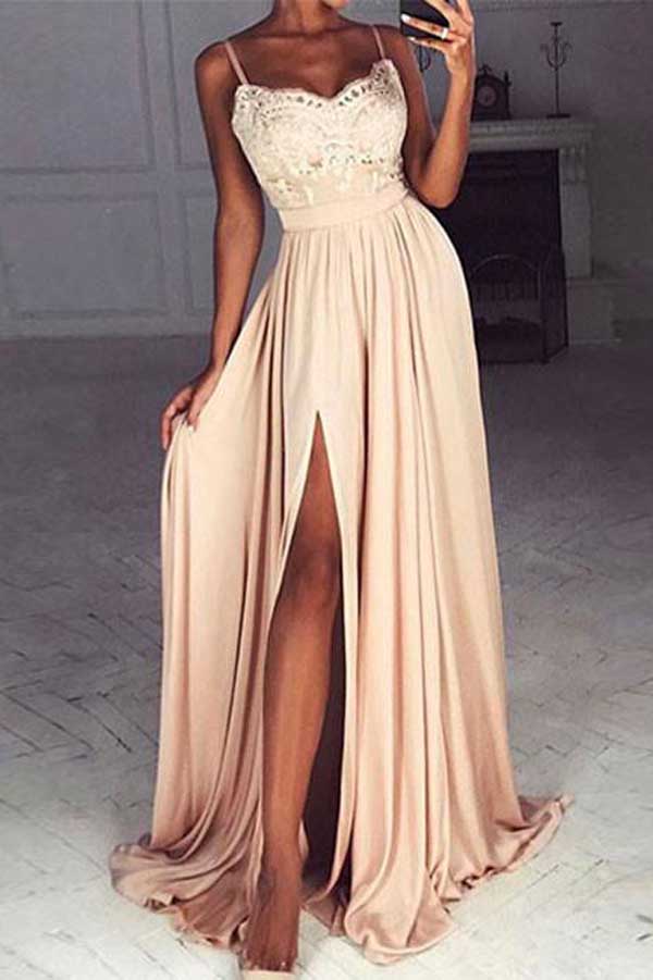 Chiffon A-line Sweetheart Lace Long Prom Dress with Side Slit PL320