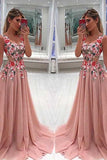 Unique Tulle Lace V Neck Long Prom Dress With Appliques PL321