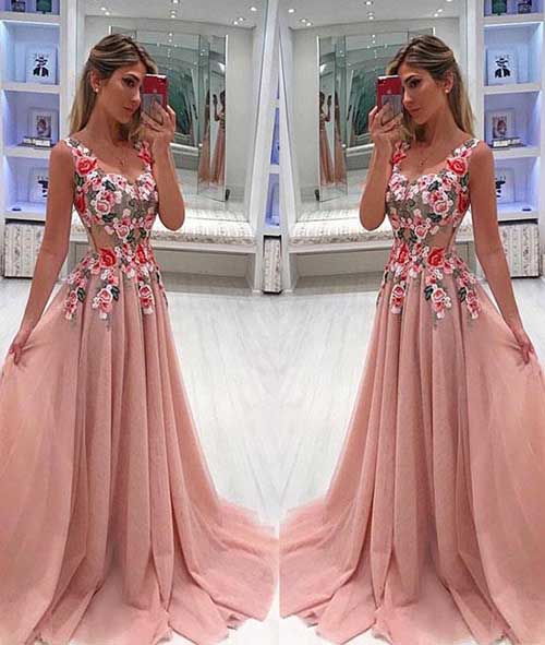 Unique Tulle Lace V Neck Long Prom Dress With Appliques at promnova.com