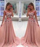 Unique Tulle Lace V Neck Long Prom Dress With Appliques at promnova.com
