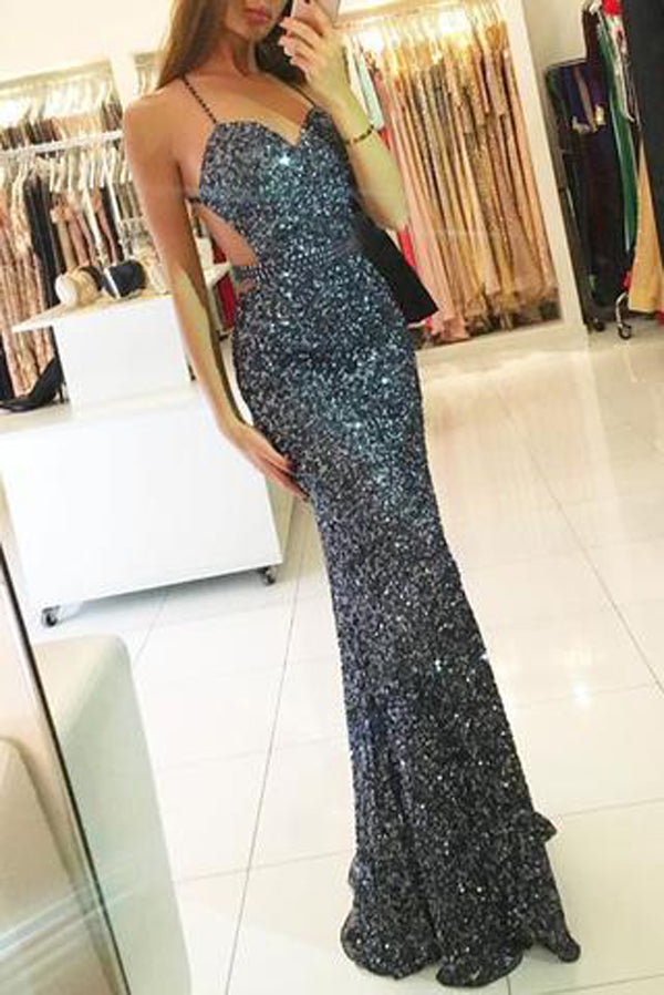 Dark Grey Open Back Mermaid Sequins Spaghetti Strap Long Prom Dress US2 / As Picture Dark Grey Open Back Mermaid Sequins Spaghetti Strap Long Prom Dress US2 / As Picture