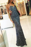 Dark Grey Open Back Mermaid Sequins Spaghetti Strap Long Prom Dress PL323
