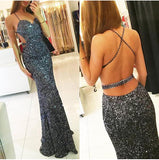 Mermaid Sequins Spaghetti Strap Long Prom Dress|promnova.com