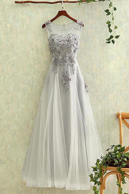 Gray Tulle Lace Round Neck Long Prom Dress, Formal Dresses, Evening Dress PL326