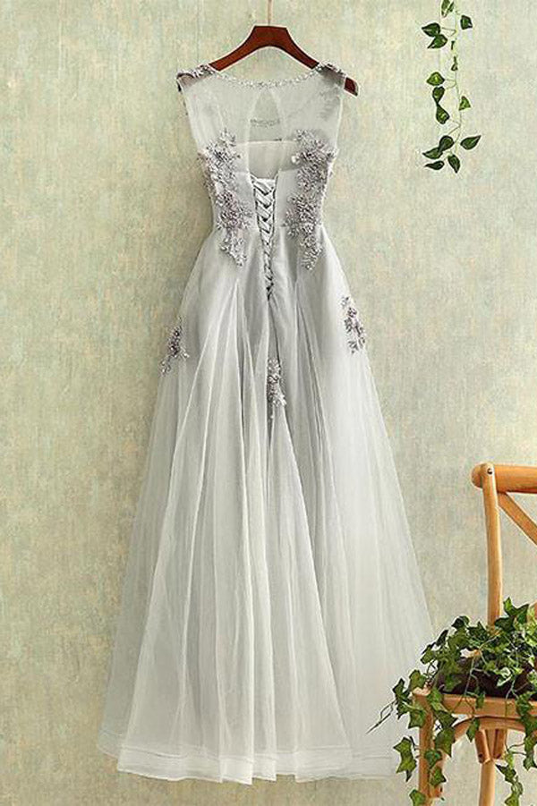 promnova.com|Gray Tulle Lace Round Neck Long Prom Dress, Formal Dresses, Evening Dress