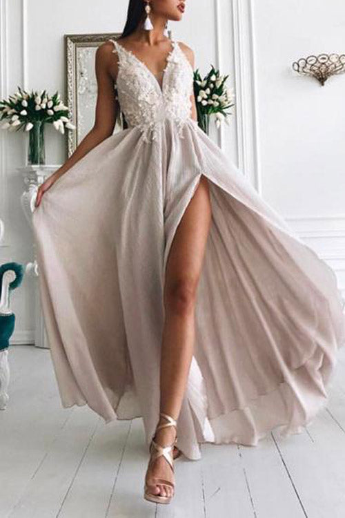 promnova.com|Simple Chiffon A-line V Neck Lace Long Prom Dress, Formal Dress