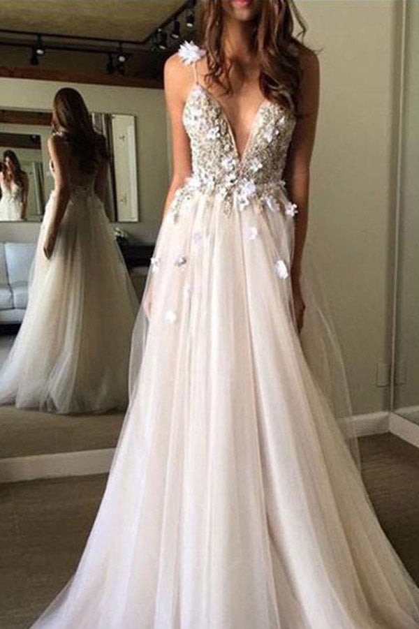 Gorgeous A-line V Neck Tulle Long Prom Dress, Tulle Formal Dress – Promnova