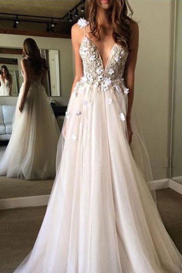 Gorgeous A-line V Neck Tulle Long Prom Dress, Tulle Formal Dress PL330