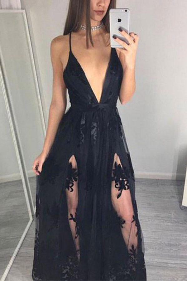 Fabulous A-line Black V Neck Lace Long Prom Dress, Evening Dress For Teens PL331