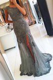  One Shoulder Grey Tulle Slit Beaded Prom Dresses with Appliques PL333