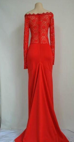 Gorgeous Red Long Sleeve Lace Mermaid Chiffon Long Prom dresses|promnova.com