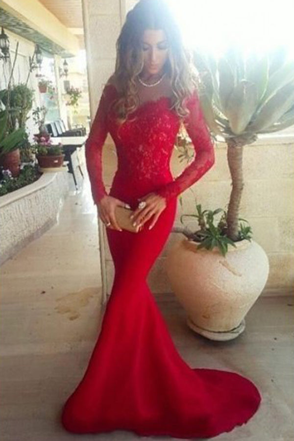 Gorgeous Red Long Sleeve Lace Mermaid Chiffon Long Prom dresses PL334