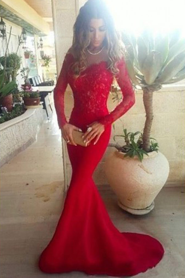 Gorgeous Red Long Sleeve Lace Mermaid Chiffon Long Prom dresses – Promnova