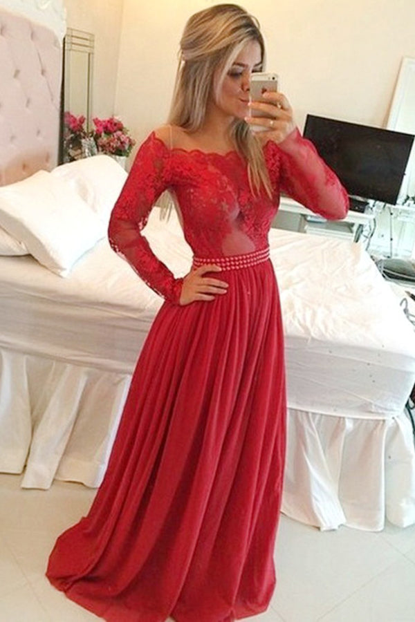 Red Long Sleeves A-Line Off-the-Shoulder Chiffon Long Prom Dress PL335