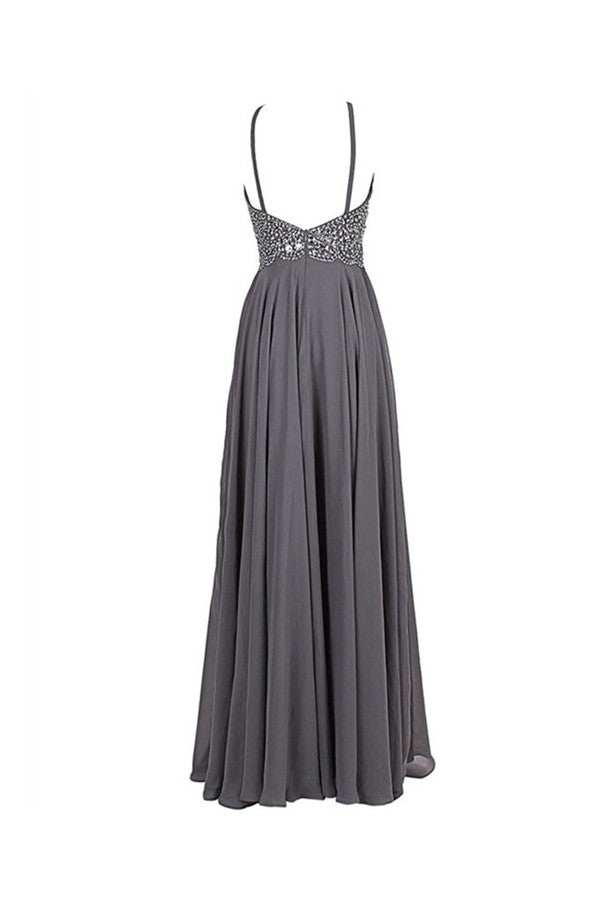 Cheap Gray Chiffon Backless Sleeveless Long Evening Prom Dress With Beading |www.promnova.com